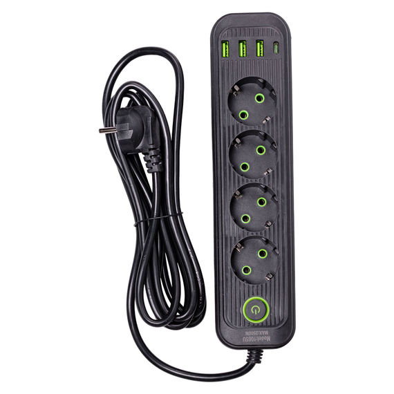 Мережевий фільтр 2.8 м подовжувач на 4 розетки з 3 USB 1 Type-C та кнопкою відключення HP-5-13MF