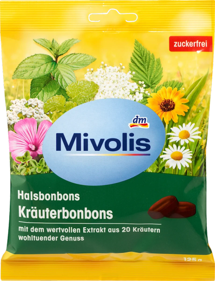 Льодяники Mivolis з 20 травами, без цукру - натуральні, корисні для підвищення імунітету, 125 г, Німеччина