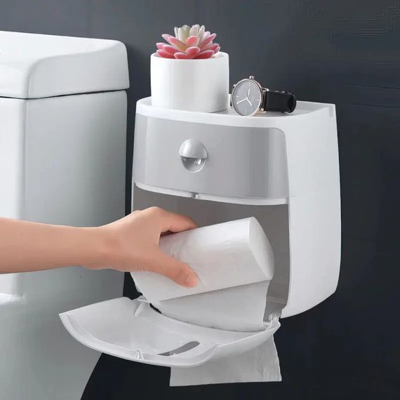 Держатель туалетной бумаги Ecoco настенный с полкой для телефона - White Grey | Зображення 3