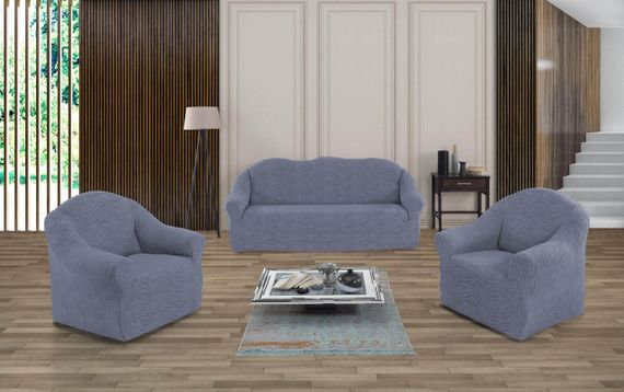 Жаккардовый чехол на диван + 2 кресла Volna без юбки темно-серый