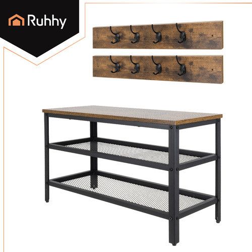 Шафа для взуття RUHHY 2-в-1 з вішалками — лавка із сидінням, 2 полиці, коричнева стільниця в стилі індустріального лофта | Зображення 5
