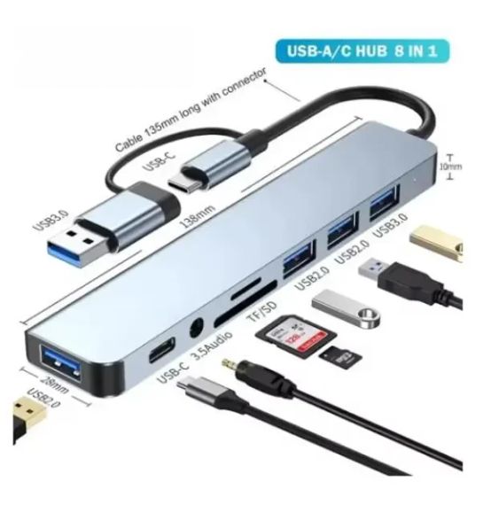 Мультифункциональный USB-хаб 8 в 1, универсальный адаптер, концентратор с входом Type-C, кардридер, HDTV+PD+USB 3.0+SD+TF+Type-C | Зображення 1