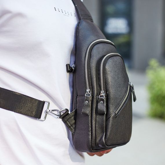 Чоловічий слінг сумка через плече шкіряна чорна Tiding Bag 33737 | Зображення 2