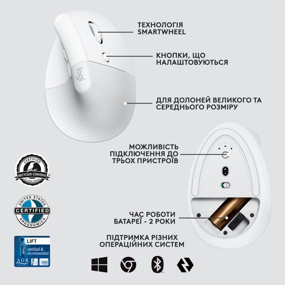 Мишка Logitech Lift Vertical Ergonomic Wireless/Bluetooth for Business Off-white (910-006496) | Зображення 5