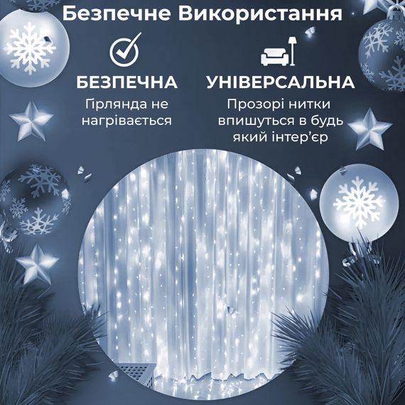 Гірлянда штора світлодіодна GarlandoPro 200LED Роса 3х3м 8 режимів 10 ниток гірлянда роса на ялинці Білий 173307W | Зображення 5