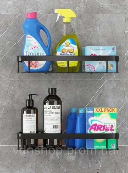 Настінна дворівнева полиця металева, що самоклеїться для ванної кімнати, душової. | Зображення 2