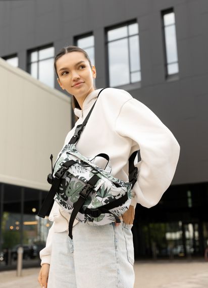 Большая женская поясная сумка бананка Sambag DynamicDart принт "Leaves" 38×21×7 см (80411144)