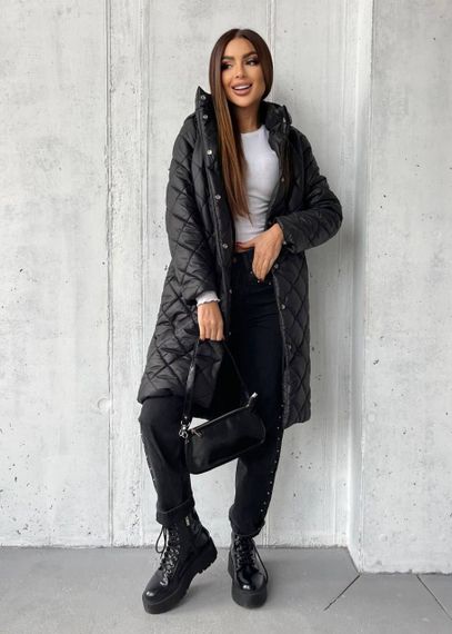 Женская длинная теплая куртка-пальто стеганая силикон 200, NA1044/1 цвет черный, размер 38/40 | Зображення 2