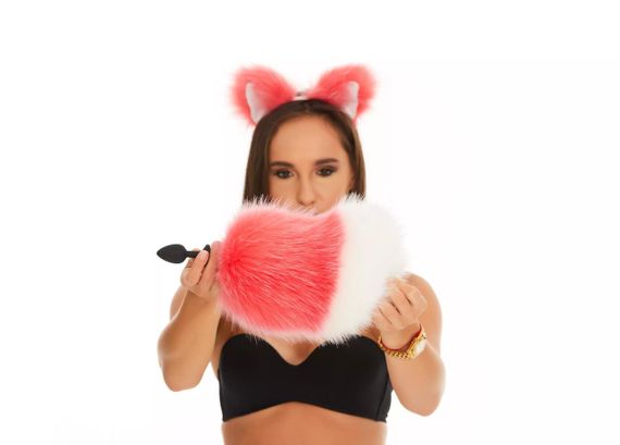 Анальний хутряний хвіст без пробки, Яскраво-рожевий з білим кінчиком, OKOVA Sex Aura | Зображення 3