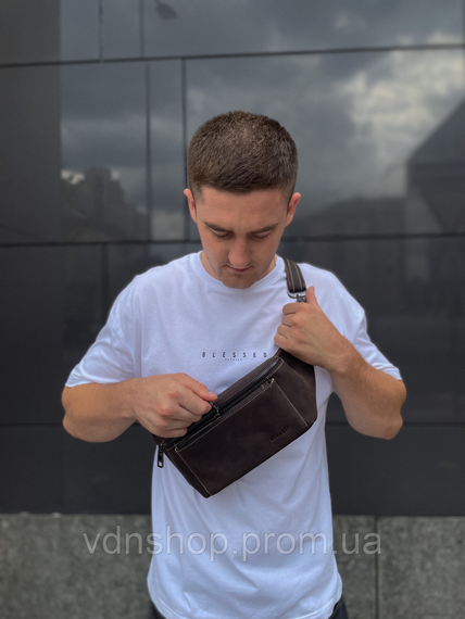 Сумка-бананка зі шкіри 24х11х8, чоловічий крейзі хорс для гаджетів на пояс CH-7371 коричнева | Зображення 7