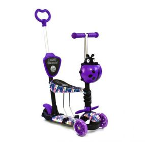 Уцінка. Дитячий самокат 5 в 1 "Best Scooter", квіточки, підсвічування платформи (фіолетовий) - тріснутий корпус спереді ( на роботу невпливає)