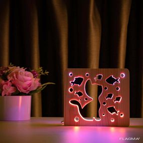 Светильник ночник ArtEco Light из дерева LED "Кот и рыбки" с пультом и регулировкой...