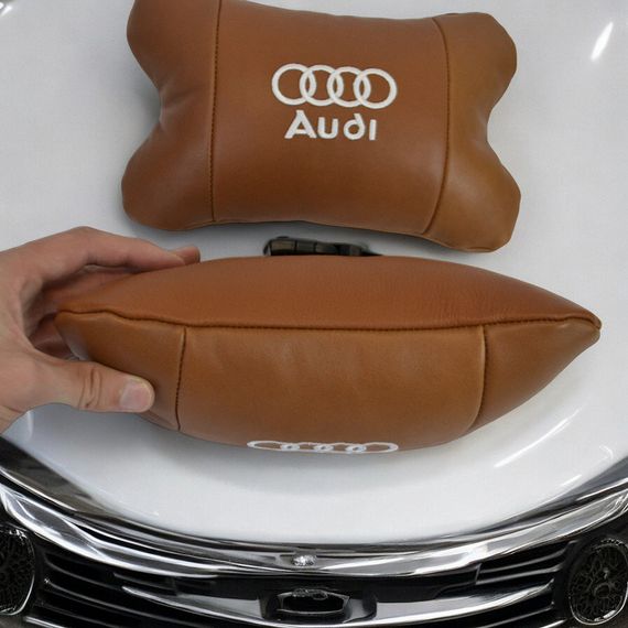 Набор из двух подушек на подголовник Audi, из натуральной коричневой кожи, Подарок мужчине водителю | Зображення 5
