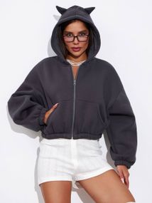 Женское теплое укороченное худи на флисе с рожками LU607, цвет темно-серый (графит), размер 42/44