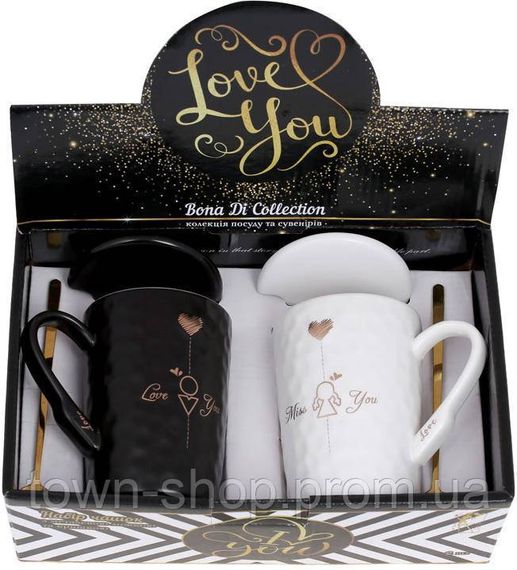 Набор 2 фарфоровых кружки "Love You" 380мл с крышкой и ложкой BD-927-220 | Зображення 3