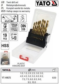 Набор сверл по металлу YATO Польща HSS-TiN Ø=1-10 мм 19 штук YT-44675