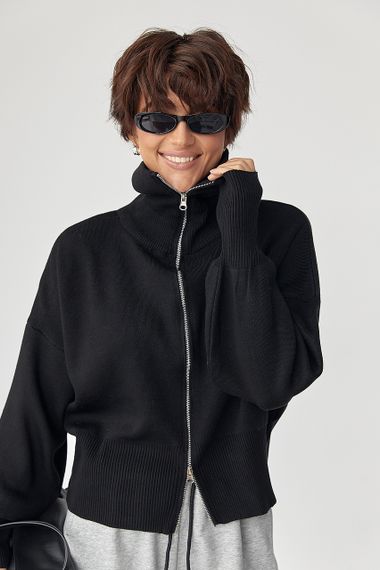 Трикотажний вільний кардиган на блискавці - чорний цвет, ONE SIZE (є розміри)