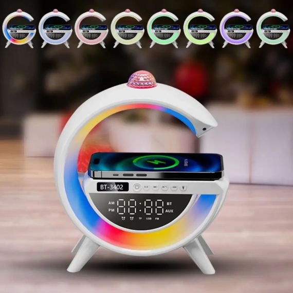 Настільна RGB лампа з колонкою, дискошаром та бездротовою зарядкою, BT 3402, Біла / Розумна лампа нічник / Смарт лампа | Зображення 1