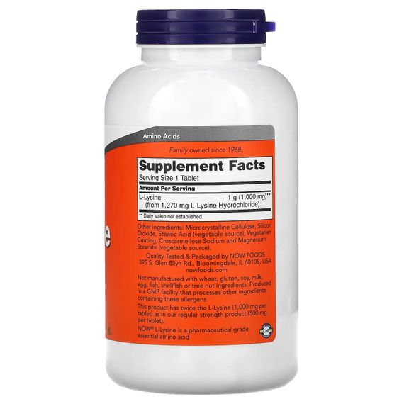 Аминокислота NOW L-Lysine, 1,000 mg, 250 Tablets | Зображення 1