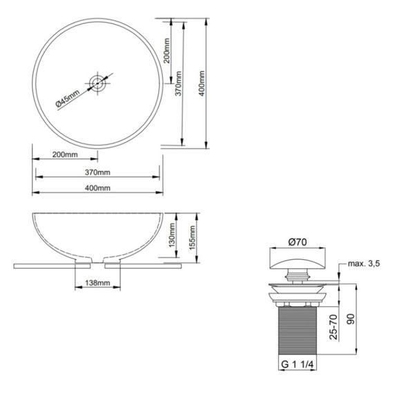 Комплект Qtap Owl: Раковина накладна кругла 400х400х155 мм White + Донний клапан PU02 (QT1911K53WN47319) | Зображення 1