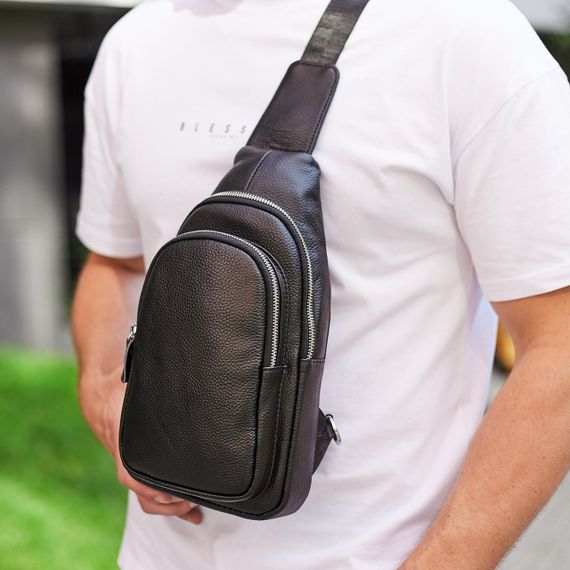 Чоловіча сумка-слінг шкіряна чорна на плече зерниста 23242 | Зображення 4