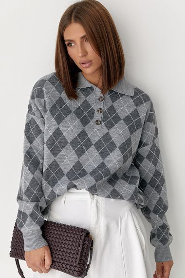 Вільний светр-поло з ромбами - сірий цвет, ONE SIZE (є розміри) | Зображення 1