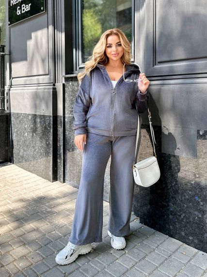 Женский велюровый спортивный костюм больших размеров штаны палаццо МТ317 цвет серый, размер 58/60