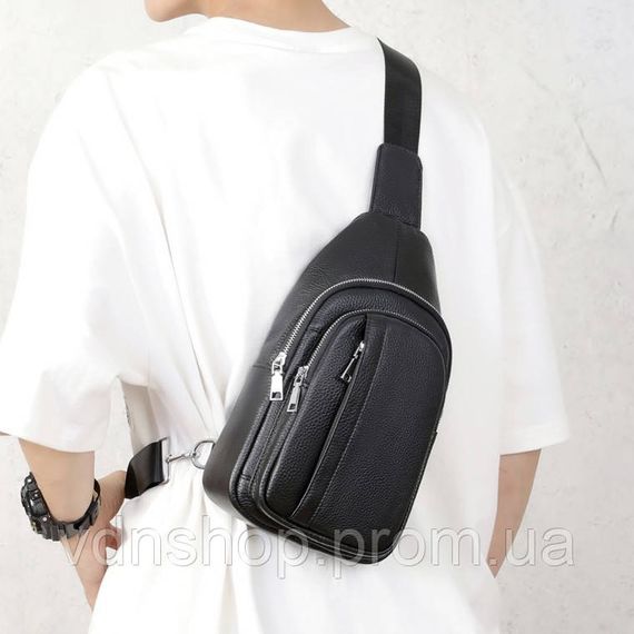 Мужская кожаная сумка-бананка на одно плечо 18х32х7, рюкзак слинг для телефона и мелочи TIDING BAG 83228 черый | Зображення 9
