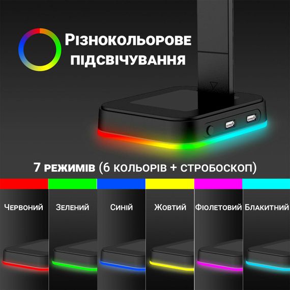 Мультифункциональная подставка для наушников / гарнитуры Digital Lion G1, с RGB подсветкой и 2 портами USB | Зображення 4