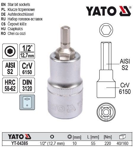 Головка торцевая вставка 6 гранная HEX 1/2" М10х55 мм Польша YATO YT-04385 | Зображення 1