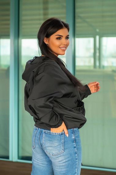 Женская свободная ветровка оверсайз с капюшоном FC1829 размер 56/60, цвет черный | Зображення 3