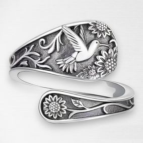 Вінтажна жіноча каблучка Ретро Колібрі та Соняшник срібляста безрозмірна