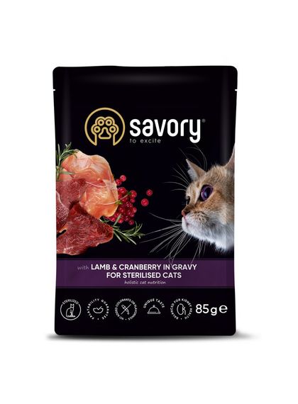 Корм Savory Sterilised Cat Pouch with Lamb & Cranberry in Gravy вологий з ягнятком у соусі для стерилізованих котів 85 гр