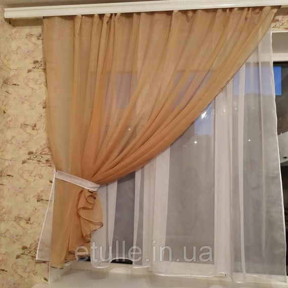Готовая бежевая короткая пошитая тюль занавеска для кухни, веранды, гостинной | Зображення 2