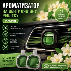 Автомобільний ароматизатор на вінтеляційну решітку Жасмін із 2 змінними картриджами для дефлектора авто