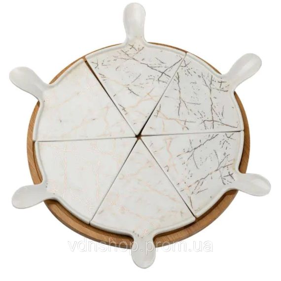 Тарілка для піци 28 см порцелянова з бамбуковою підставкою, що обертається, секційна HP1213