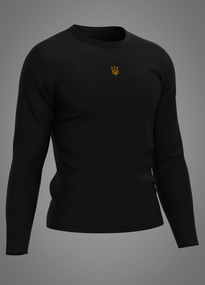 Утеплений лонгслів з вишитим золотим тризубом/гербом з довгим рукавом (чорний)