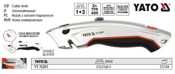 Нож YATO Польща ниж висувне трапецевидне лезо h=33 мм L=61 мм YT-75201