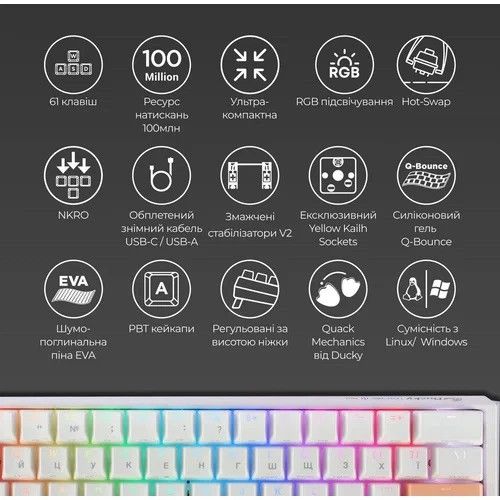 Клавиатура компьютерная проводная Ducky One 3 Mini Cherry MX Red RGB White UA DKON2161ST-RUAPXPWWWSC1 белая | Зображення 3
