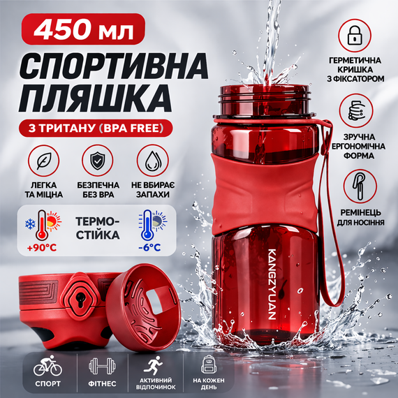 Спортивная бутылка для воды KANGZYUAN 450 мл красная, тритановая (BPA Free) | Зображення 1