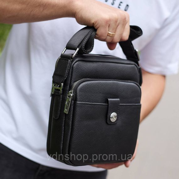 Мужская кожаная универсальная сумка 24х20х8, барсетка из кожи, сумочка для мужчин с регулировкой ручки, черная | Зображення 1
