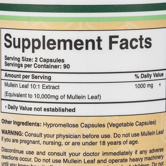 Комплекс для профилактики дыхательной системы Double Wood Mullein Leaf Extract 1000 mg (2 caps per serving) 180 Caps | Зображення 1