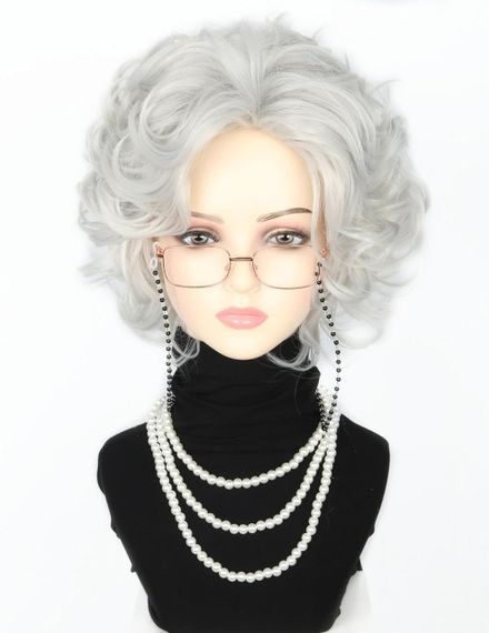 Комплект для образа бабушки LeMarnia - седой серый парик, очки, бусы, для костюмов, Хэллоуина и вечеринок