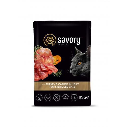 Вологий корм Savory для стерилізованих кішок, індичка з морквою в желе, пауч, 85 г