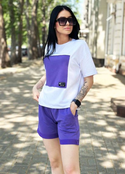 Женский летний легкий костюм с шортами двухцветный GF07113 цвет фиолетовый, размер 42/44 | Зображення 1