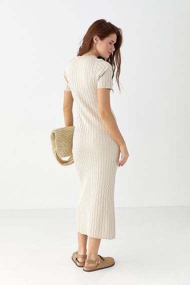 Сукня в рубчик з короткими рукавами - бежевий цвет, ONE SIZE (є розміри) | Зображення 1