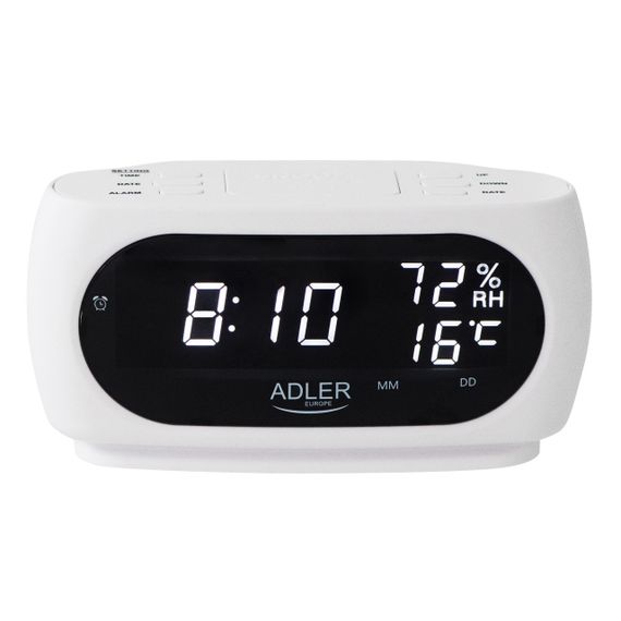 Часы-будильник Adler AD 1186 настольные, электронные, с LED-дисплеем, термометр, гигрометр, белые