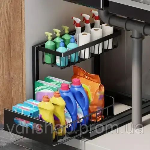 Органайзер під раковину дворівневий з висувною полицею з нержавіючої сталі для кухні та ванної кімнати | Зображення 5