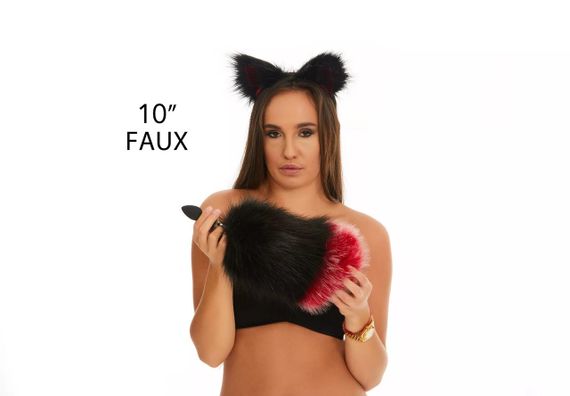 Анальний хутряний хвіст без пробки, Чорний з темно-червоним кінчиком, OKOVA sexstyle