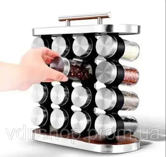 Карусель для спецій набір для спецій 16 ємностей Stainless steel and wood / органайзер для зберігання спецій | Зображення 3